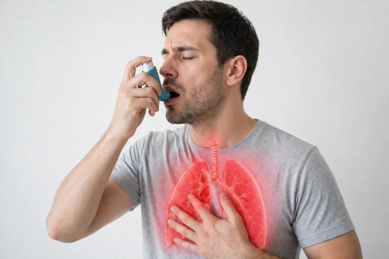 Person using inhaler to relieve asthma symptoms and breathing difficulty