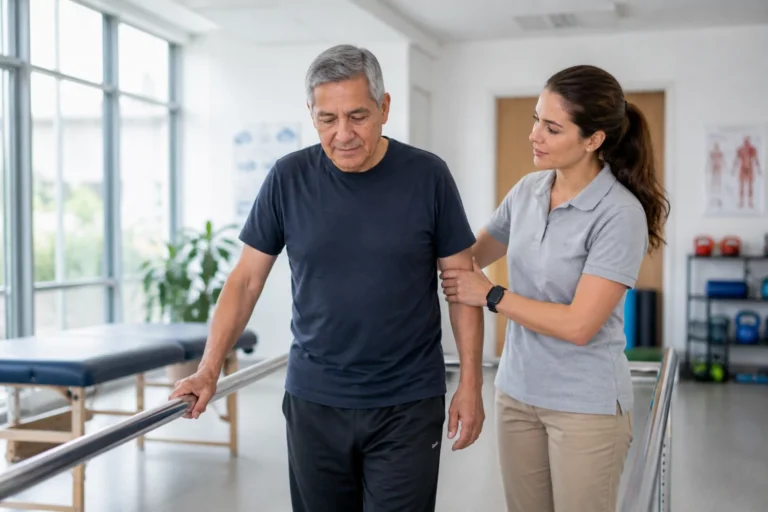 Patient walking during back surgery recovery with therapist