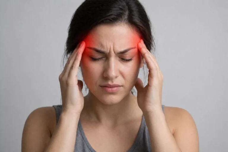 Person experiencing headache pain with hands on temples and forehead