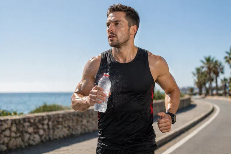 Runner holding bottle of iced water