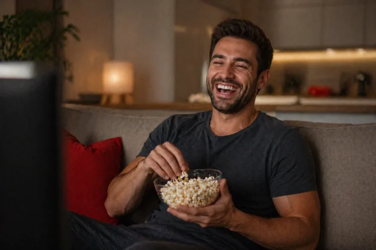 Person laughing while watching comedy