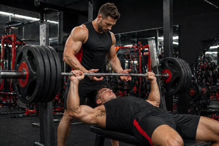 Spotter assisting athlete during bench press