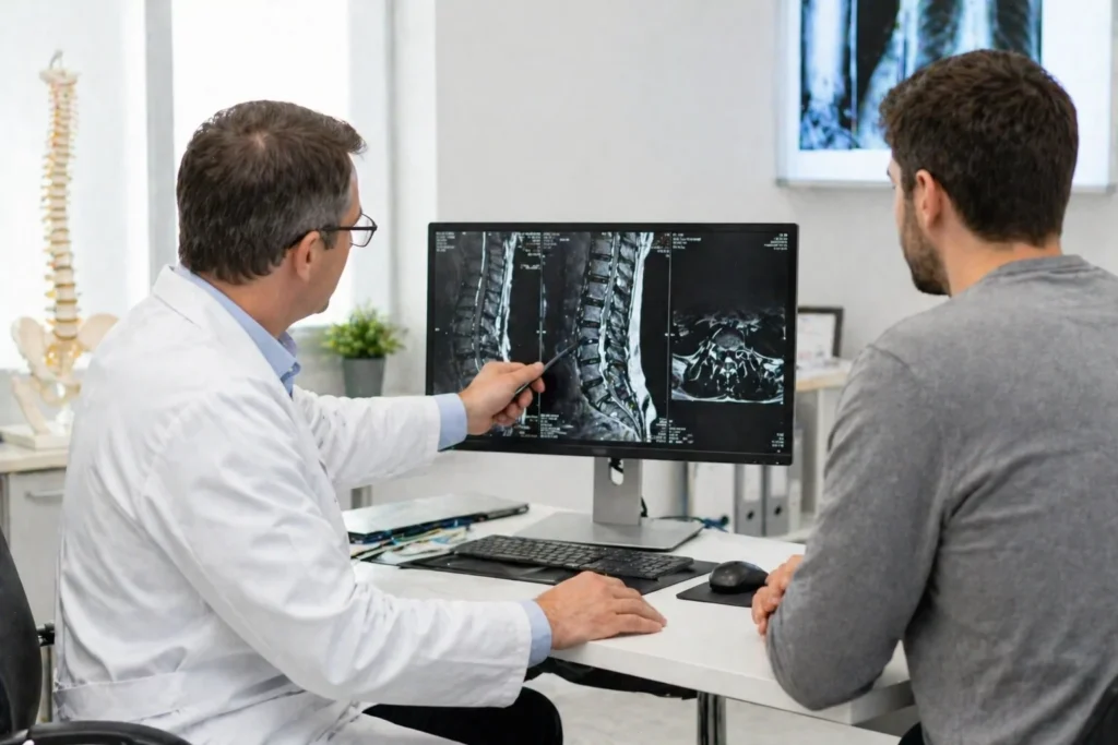 doctor analyzing MRI scan for degenerative disc disease
