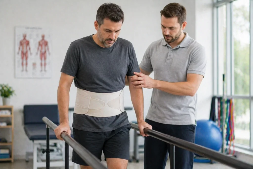 patient recovering from spine surgery with physical therapy