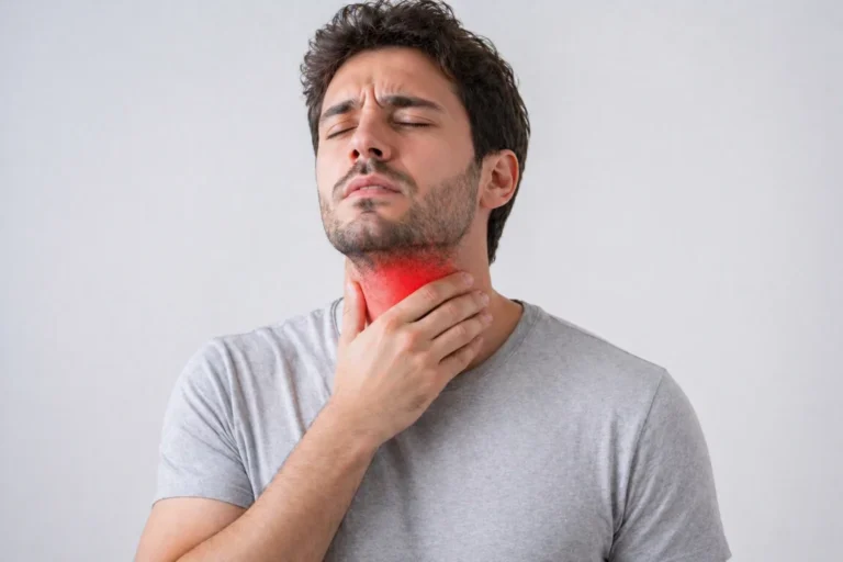 Person experiencing sore throat pain