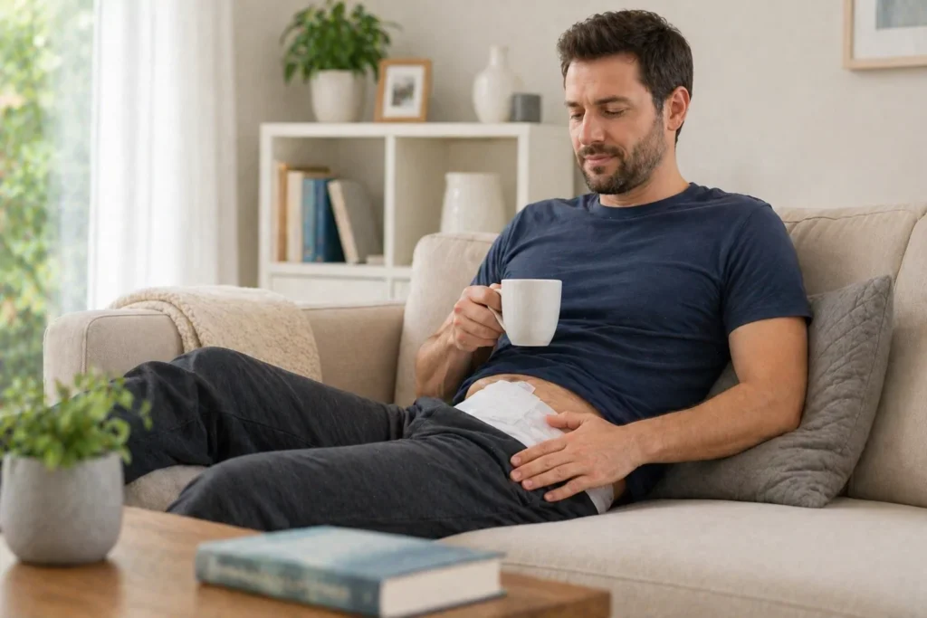man resting at home after vasectomy reversal recovery