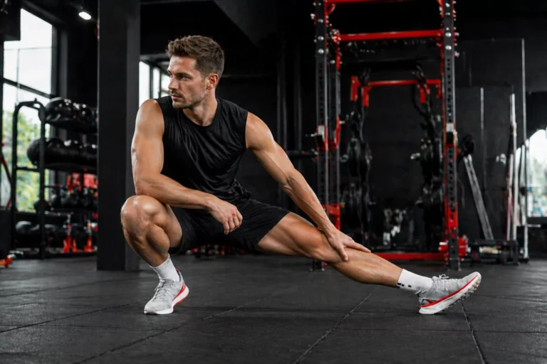 Athlete performing warm up exercises in gym
